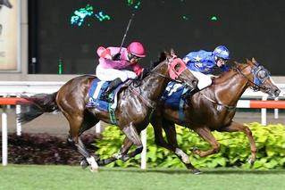 Lim's Racer (NZ) beats Caorunn (NZ) to the line. Photo Credit: Singapore Turf Club.